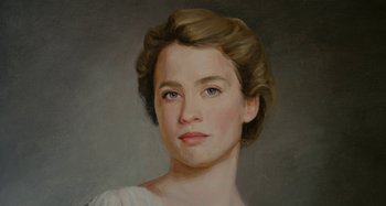 Movie still from “Portrait of a Lady on Fire” (2019), directed by Céline Sciamma – An oil painting of a young woman in a white dress; Close Up shot, High angle