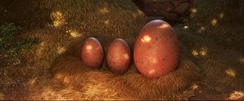 Movie still from “The Good Dinosaur” (2015), directed by Peter Sohn – A group of eggs sitting on top of grass; Extreme Close Up shot, High angle