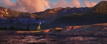 Movie still from “The Good Dinosaur” (2015), directed by Peter Sohn – A dinosaur standing in the middle of a field; Extreme Wide shot, High angle