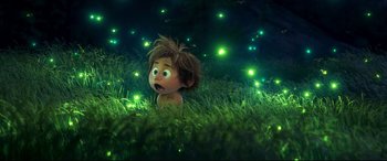 Movie still from “The Good Dinosaur” (2015), directed by Peter Sohn – A scene from the movie the croods; Medium shot, Low angle