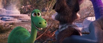 Movie still from “The Good Dinosaur” (2015), directed by Peter Sohn – The good dinosaur and a wolf in a forest; Close Up shot, Over the shoulder angle