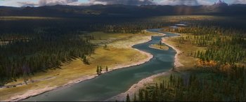 Movie still from “The Good Dinosaur” (2015), directed by Peter Sohn – An aerial view of a body of water; Extreme Wide shot, High angle