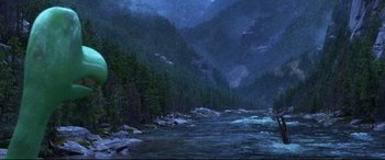 Movie still from “The Good Dinosaur” (2015), directed by Peter Sohn – A river flowing through a forest at night time; Extreme Wide shot, High angle