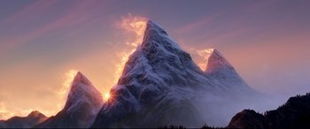 Movie still from “The Good Dinosaur” (2015), directed by Peter Sohn – The sun is setting over a mountain range; Extreme Wide shot, Low angle