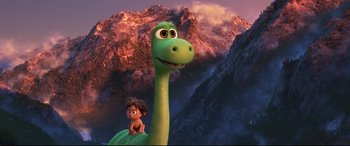 Movie still from “The Good Dinosaur” (2015), directed by Peter Sohn – A scene from the movie the good dinosaur; Medium shot, Low angle