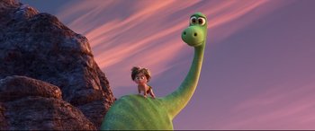 Movie still from “The Good Dinosaur” (2015), directed by Peter Sohn – The good dinosaur is a disney pixar movie; Wide shot, Low angle