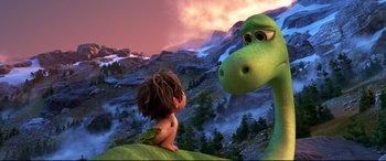 Movie still from “The Good Dinosaur” (2015), directed by Peter Sohn – A scene from the movie the good dinosaur; Wide shot, Over the shoulder angle