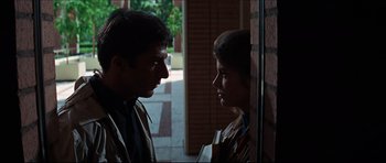 Movie still from “The Graduate” (1967), directed by Mike Nichols – A man and a woman standing next to each other; Close Up shot, Over the shoulder angle