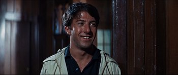Movie still from “The Graduate” (1967), directed by Mike Nichols – A person wearing a jacket and smiling; Close Up shot, Low angle
