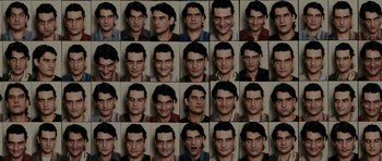 Movie still from “The Great Beauty” (2013), directed by Paolo Sorrentino – A bunch of different faces of a man; Close Up shot, Overhead angle