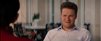 Movie still from “The Green Hornet” (2011), directed by Michel Gondry – A person wearing a dress shirt; Close Up shot, Over the shoulder angle