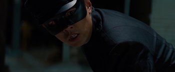 Movie still from “The Green Hornet” (2011), directed by Michel Gondry – A person wearing a mask; Close Up shot, Low angle