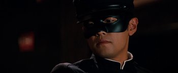 Movie still from “The Green Hornet” (2011), directed by Michel Gondry – A person wearing a mask; Close Up shot, Low angle