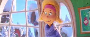 Movie still from “The Grinch” (2018), directed by Yarrow Cheney – A cartoon character with a pink headband; Close Up shot, Over the shoulder angle