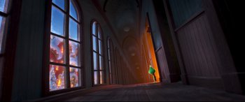Movie still from “The Grinch” (2018), directed by Yarrow Cheney – An image of an animated scene of a building; Extreme Wide shot, Over the shoulder angle