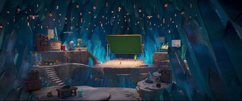 Movie still from “The Grinch” (2018), directed by Yarrow Cheney – A stage with a green screen in the middle of it; Extreme Wide shot, High angle
