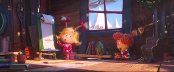 Movie still from “The Grinch” (2018), directed by Yarrow Cheney – A scene from the animated movie inside out; Wide shot, Over the shoulder angle