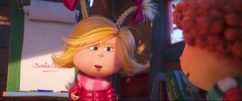 Movie still from “The Grinch” (2018), directed by Yarrow Cheney – A cartoon character with blonde hair; Close Up shot, Over the shoulder angle