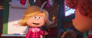 Movie still from “The Grinch” (2018), directed by Yarrow Cheney – A character from inside out; Close Up shot, Over the shoulder angle