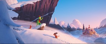 Movie still from “The Grinch” (2018), directed by Yarrow Cheney – A scene from the movie the grinch and a dog; Extreme Wide shot, High angle