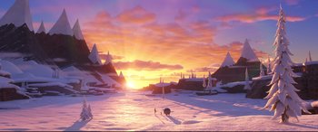 Movie still from “The Grinch” (2018), directed by Yarrow Cheney – An artist's rendering of a sunset over a frozen lake; Extreme Wide shot, High angle