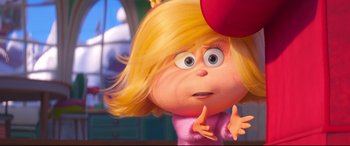 Movie still from “The Grinch” (2018), directed by Yarrow Cheney – A cartoon character with a surprised look on his face; Close Up shot, Over the shoulder angle
