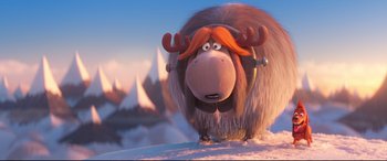 Movie still from “The Grinch” (2018), directed by Yarrow Cheney – An animated moose with a red nose and antlers; Medium shot, Over the shoulder angle