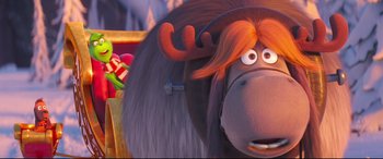 Movie still from “The Grinch” (2018), directed by Yarrow Cheney – A cartoon character with horns; Close Up shot, Over the shoulder angle