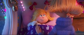 Movie still from “The Grinch” (2018), directed by Yarrow Cheney – A doll in a bed; Close Up shot, Over the shoulder angle