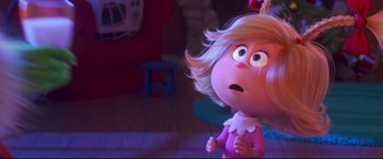 Movie still from “The Grinch” (2018), directed by Yarrow Cheney – A doll with a surprised look on its face; Close Up shot, Over the shoulder angle
