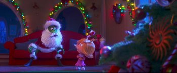 Movie still from “The Grinch” (2018), directed by Yarrow Cheney – A scene from the movie how the grinch stole christmas; Medium shot, Over the shoulder angle