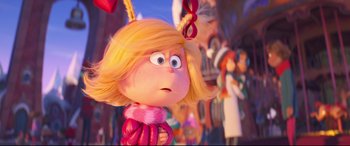 Movie still from “The Grinch” (2018), directed by Yarrow Cheney – A cartoon character's face; Close Up shot, Over the shoulder angle