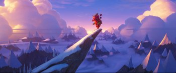 Movie still from “The Grinch” (2018), directed by Yarrow Cheney – An illustration of a mountain with a bunch of berries on top of it; Extreme Wide shot, Low angle