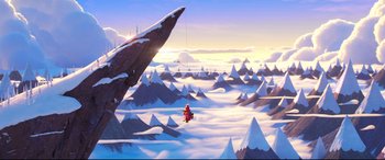 Movie still from “The Grinch” (2018), directed by Yarrow Cheney – An image of an animated scene with a person on a parachute; Extreme Wide shot, High angle