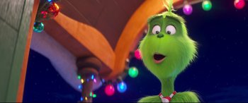 Movie still from “The Grinch” (2018), directed by Yarrow Cheney – The head of the grinch; Close Up shot, Over the shoulder angle