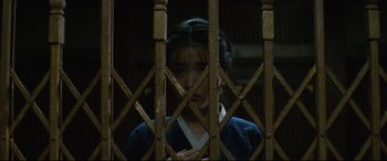 Movie still from “The Handmaiden” (2016), directed by Park Chan-wook – A young asian woman looking through a metal gate; Medium shot, High angle