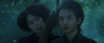 Movie still from “The Handmaiden” (2016), directed by Park Chan-wook – Two young asian women standing next to each other in a forest; Close Up shot, Over the shoulder angle