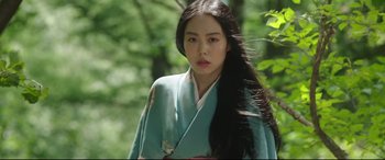 Movie still from “The Handmaiden” (2016), directed by Park Chan-wook – A beautiful young lady wearing a blue kimono; Close Up shot, Low angle