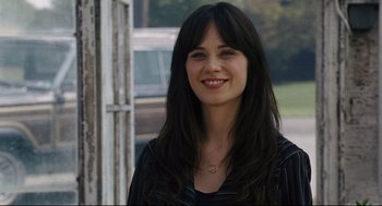 Movie still from “The Happening” (2008), directed by M. Night Shyamalan – A woman with long black hair smiles for the camera; Close Up shot, Over the shoulder angle