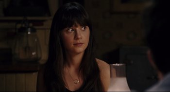 Movie still from “The Happening” (2008), directed by M. Night Shyamalan – A woman with long black hair sitting in a room; Close Up shot, Over the shoulder angle