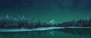 Movie still from “The Hero” (2017), directed by Brett Haley – A night scene of a lake with a mountain in the background; Extreme Wide shot, Low angle