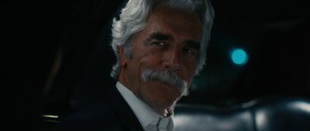 Movie still from “The Hero” (2017), directed by Brett Haley – An older man with white hair and a white mustache; Close Up shot, Over the shoulder angle