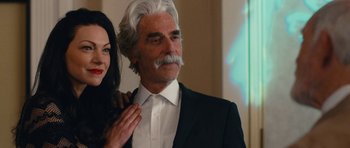 Movie still from “The Hero” (2017), directed by Brett Haley – An older man and a younger woman posing for a picture; Close Up shot, Over the shoulder angle