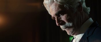 Movie still from “The Hero” (2017), directed by Brett Haley – An older man with white hair looking down at the ground; Close Up shot, Low angle