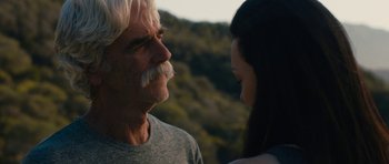 Movie still from “The Hero” (2017), directed by Brett Haley – An older man and a younger woman looking at each other; Close Up shot, Over the shoulder angle