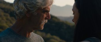 Movie still from “The Hero” (2017), directed by Brett Haley – An older man with white hair looking out at the mountains; Close Up shot, Over the shoulder angle