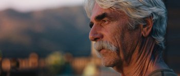 Movie still from “The Hero” (2017), directed by Brett Haley – An older man with white hair and a mustache; Close Up shot, Low angle