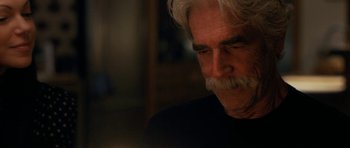 Movie still from “The Hero” (2017), directed by Brett Haley – An older man with white hair and a beard; Close Up shot, Over the shoulder angle