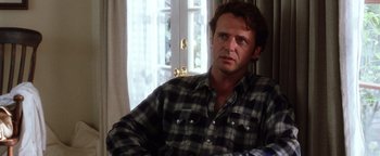 Movie still from “Practical Magic” (1998), directed by Griffin Dunne – A man sitting in front of a window in a plaid shirt; Close Up shot, Over the shoulder angle