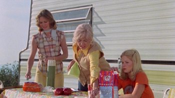 Movie still from “The Hills Have Eyes” (1977), directed by Wes Craven – A group of people standing around a table with food; Medium shot, Low angle